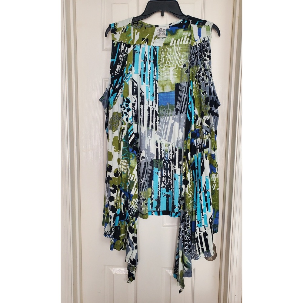 Parsley & Sage Vest Green Blue Abstract Sharkbite Hem Layering Boho XL